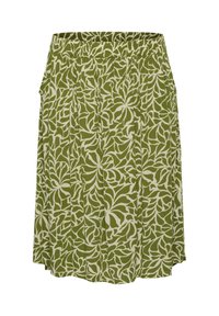 Fustă verde cu un model de frunze albe, având un brâu elastic, pliseuri și un design fluid. Țesătura pare ușoară și texturată.