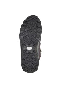 Schwarze Gummisohle mit tiefen, angularen Profilmustern für Traktion. Verfügt über ein zentrales Logo und eine Verstärkung an den Kanten.