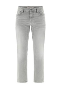 Lichtgrijze spijkerbroek van denim met een rechte pijp, vijfzakkenstijl en een subtiele vervaagde textuur met stikseldetails.