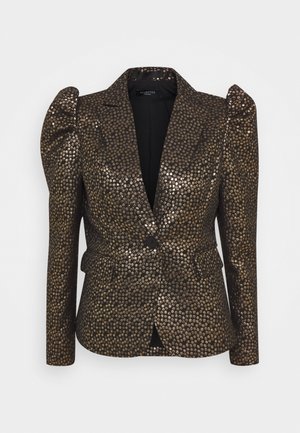 Czarna marynarka z bufkami na ramionach i metalicznym złotym wzorem w kropki, zapinana na jeden guzik, z klapowymi kieszeniami.