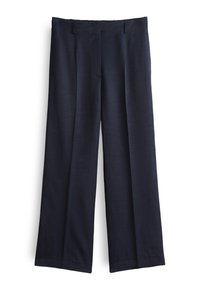 Pantalons larges bleu marine en tissu lisse, avec une taille plate, des passants de ceinture et une coupe ajustée pour un look structuré.