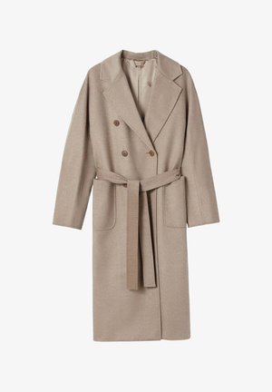 Beiger, doppelt geknöpfter, langer Wollmantel mit breiten Revers, zwei Fronttaschen, Knopfleiste und passendem Stoffgürtel, der in der Taille gebunden ist.