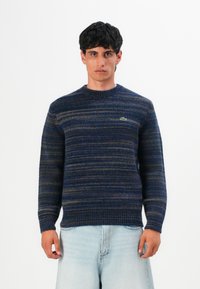 Uomo che indossa un maglione a righe blu e grigie con il logo Lacoste e pantaloni corti in denim azzurro, in piedi contro uno sfondo bianco uniforme.