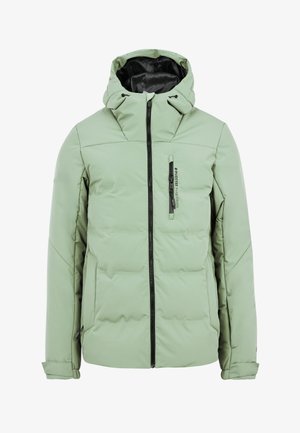 Lichtgroene pufferjack met een capuchon, ritssluiting aan de voorkant en zijzakken. Heeft een gewatteerde textuur en een merknaam-ritszakdetail. Gemaakt van een katoenmix.