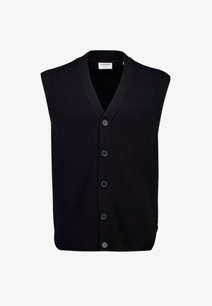 Schwarze, ärmellose Strickweste mit V-Ausschnitt, mit Rippenstruktur, fünf Knöpfen und geradem Saum, minimalistisches Design.