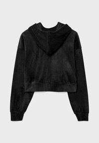 Sort cropped hoodie med en blød tekstur, lange ærmer og hætte med snor. Har en bred linning og manchetter for en tætsiddende pasform.