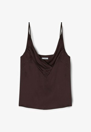 Haut marron sans manches avec un décolleté en V et un détail drapé. Fabriqué en tissu lisse, il présente des fines bretelles et une coupe décontractée.