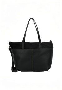 Borsa a mano nera in pelle testurizzata con cuciture verdi a contrasto, dotata di manici corti e lunghi per opzioni di trasporto versatili.