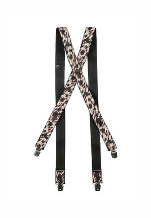 Zwarte elastische bretels met een luipaardprint in roze en crème. Metalen clips aan de uiteinden voor bevestiging. X-vormig ontwerp.