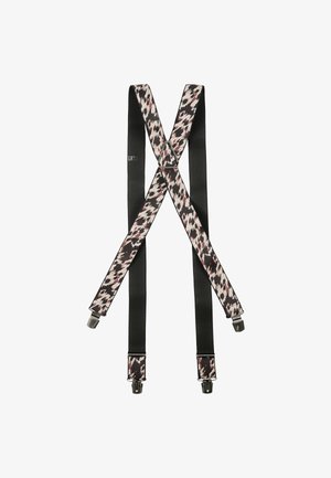 Suspensores elásticos negros con un diseño de leopardo en rosa y crema. Clips de metal en los extremos para la sujeción. Diseño en forma de X.