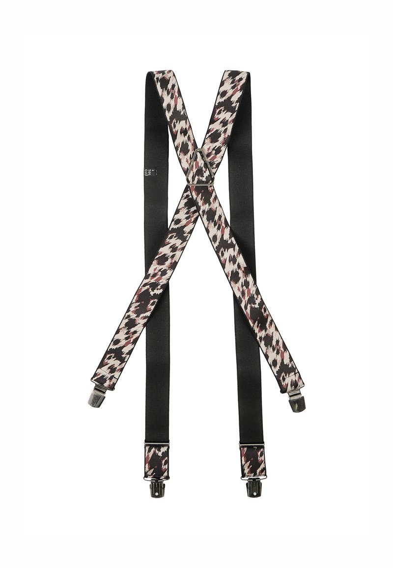 Zwarte elastische bretels met een luipaardprint in roze en crème. Metalen clips aan de uiteinden voor bevestiging. X-vormig ontwerp.