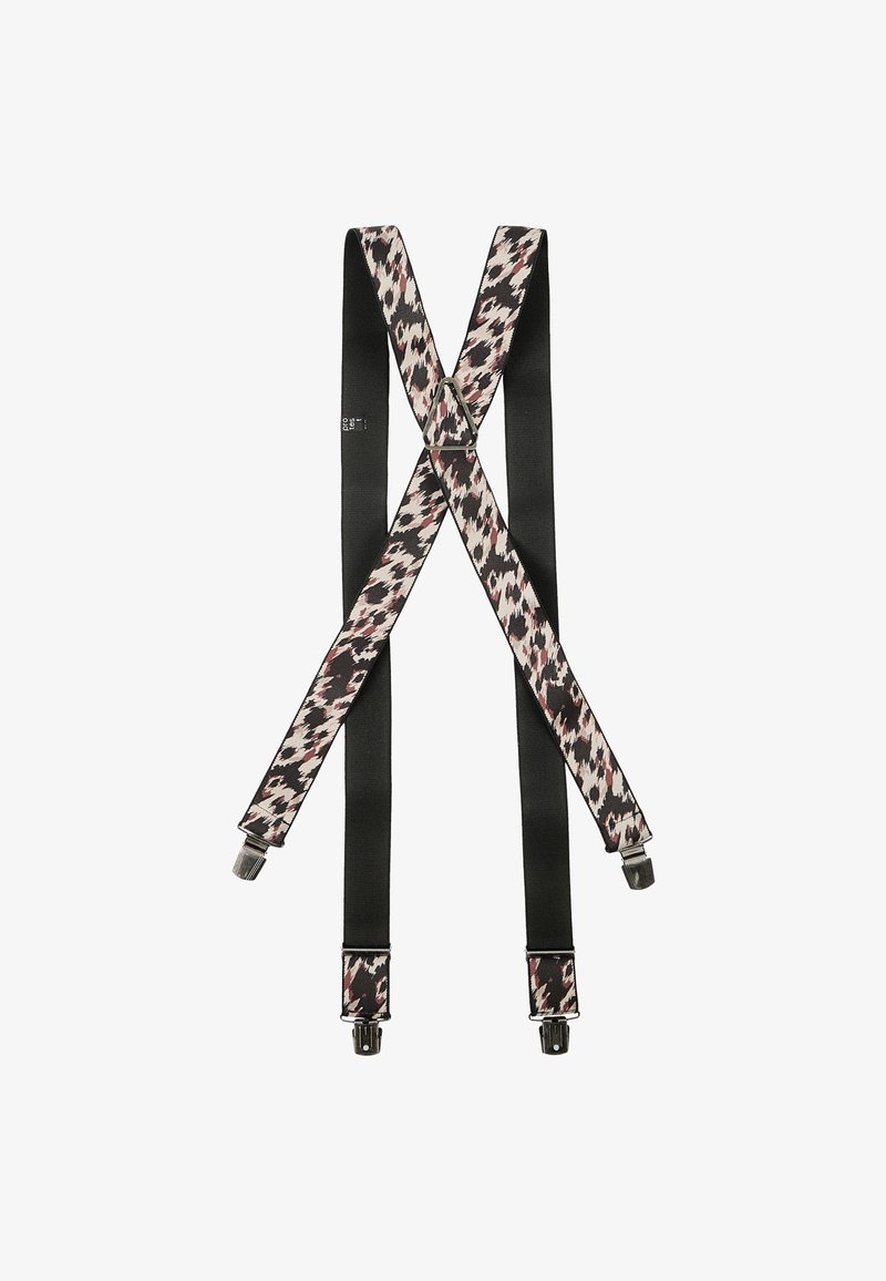 Zwarte elastische bretels met een luipaardprint in roze en crème. Metalen clips aan de uiteinden voor bevestiging. X-vormig ontwerp.