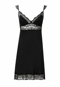 Vestito nero in jersey con spalline regolabili, caratterizzato da un corpetto in pizzo e orlo in pizzo, in tessuto morbido e design aderente.
