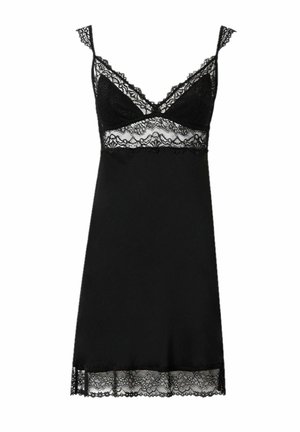 Vestido negro de tirantes ajustables, con un cuerpo de encaje y dobladillo, tejido suave y un diseño ceñido.