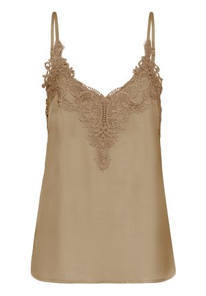Beiges Oberteil mit Spitzenverzierung am Ausschnitt. Verstellbare Spaghettiträger, glatte Textur und lockere Passform.