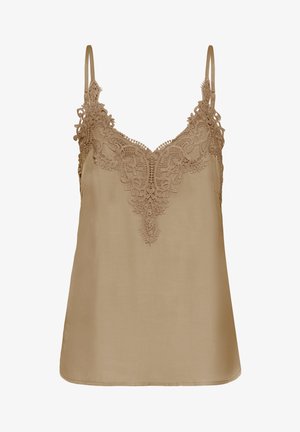 Beiges Oberteil mit Spitzenverzierung am Ausschnitt. Verstellbare Spaghettiträger, glatte Textur und lockere Passform.