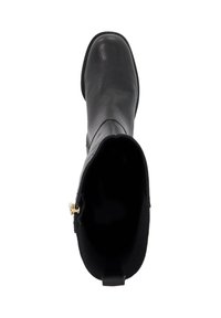 Black leather ankle boot with a smooth texture, rounded toe, zip closure on the side, and subtle gold hardware detail.