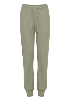 Pantaloni de trening verde deschis, fabricați dintr-un material moale, cu un elastic la talie, șnur ajustabil și mansete ribbate la glezne.