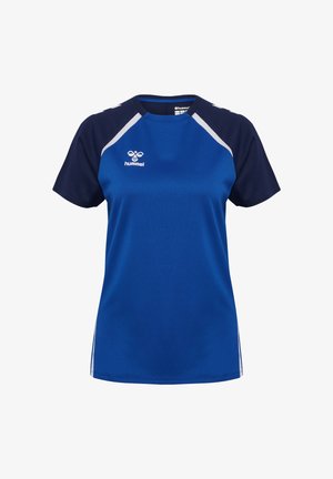 Blauw sportshirt met korte mouwen, gemaakt van ademend materiaal, met marineblauwe accenten en witte strepen op de schouders. Hummel-logo weergegeven.