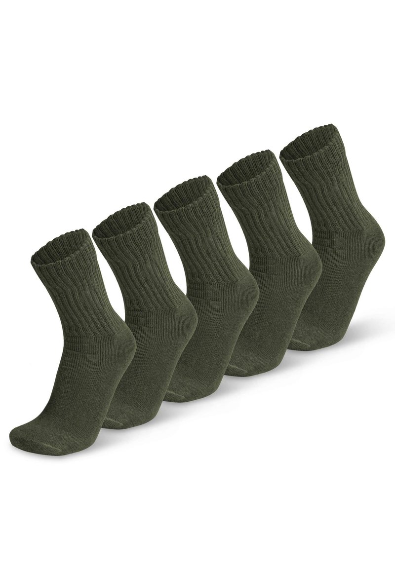 Grüne Baumwollcrew-Socken, gerippte Textur, mit gepolsterter Sohle und elastischem Bündchen. Verpackung mit fünf identischen Paaren.