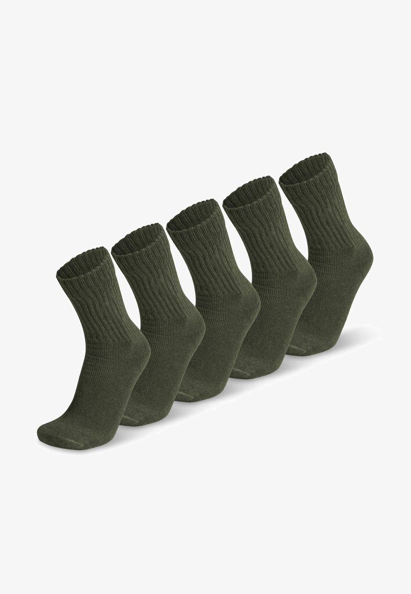 Grüne Baumwollcrew-Socken, gerippte Textur, mit gepolsterter Sohle und elastischem Bündchen. Verpackung mit fünf identischen Paaren.