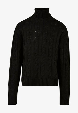 Must mustriga kõrge kraega must kudumine, millel on struktuurne disain ja soonikuga mansetid ning alläär. Valmistatud pehmest ja soojast materjalist.