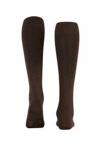 Knee augstumā zeķes, izgatavotas no brūna auduma ar gludu tekstūru. Iekļauj ribotu maliņu un minimālu zīmolu uz zoles.