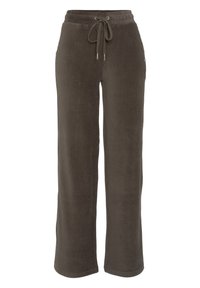Dark olive green wide-leg pants made from ribbed fabric, featuring an elastic waist with a drawstring and a relaxed fit.