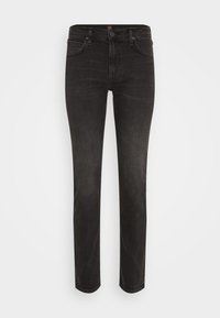 Jean en denim noir coupe slim avec bouton à l'avant, fermeture éclair, passants pour ceinture, et conception à cinq poches, présenté à plat sur fond blanc.