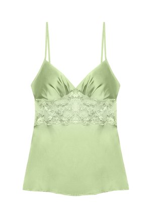 Lichtgroene satijnen camisol met dunne bandjes en een kanten band onder de buste, gladde textuur en een lichte glans.