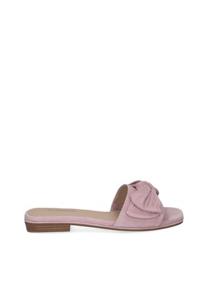 Pink suede flat slide sandal with a decorative bow on the wide strap and a low wooden heel, shown in side profile.