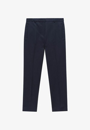 Siniset housut, joissa on pystysuorat pinstripes-kuviot, istuva malli, sivutaskut ja sileä tekstuuri. Suunniteltu muodollisiin tai liiketoiminta-arkisiin tilaisuuksiin.