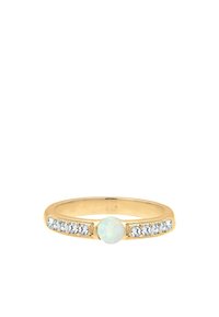 Goldring mit einem mittigen Opalstein, flankiert von einer Reihe klarer, funkelnder Kristalle. Glatter Ring mit polierter Oberfläche. Großzügiges und elegantes Design.