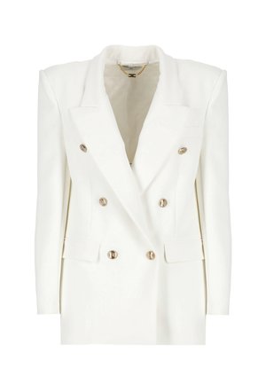 Blazer bianco a doppio petto con rever appuntiti, bottoni dorati e tasche basse. Tessuto liscio con spalle strutturate e vestibilità su misura.