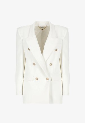 Blazer bianco a doppio petto con rever appuntiti, bottoni dorati e tasche basse. Tessuto liscio con spalle strutturate e vestibilità su misura.