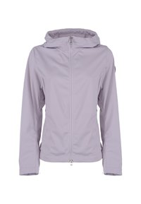 Giacca leggera color lavanda chiara con cappuccio, zip frontale e polsini elasticizzati. Texture liscia; nessun motivo visibile o dettagli in metallo.
