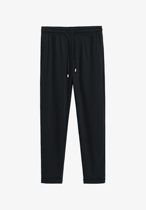 Pantalons de survêtement noirs avec une taille élastique, fermeture à cordon, et poignets ajustés. Texture lisse avec poches latérales.