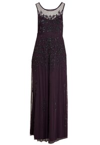 Sleeveless deep purple evening gown with sheer neckline and intricate floral bead embroidery covering bodice and flowing down skirt.