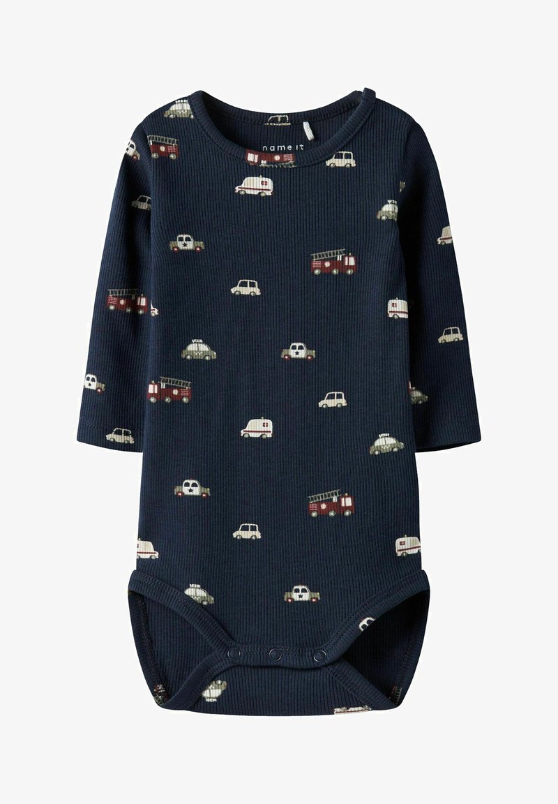 Marineblaue, gerippte Langarm-Body mit verschiedenen kleinen Fahrzeugmustern in Creme und Burgunderrot. Verfügt über einen runden Kragen und Druckknopfverschlüsse.
