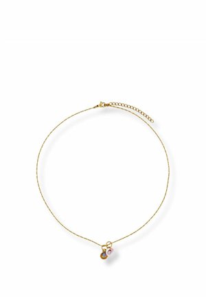 Delicate gold chain necklace with small blue gemstone charm and pink pearl charm on a white background.