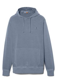 Sudadera azul claro hecha de un tejido suave, con un bolsillo frontal, puños y dobladillo acanalados, y un pequeño logotipo en el pecho.