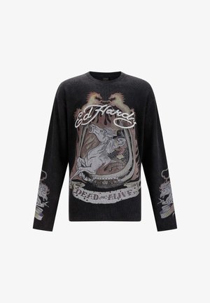 Black long-sleeve t-shirt featuring an intricate graphic design, including horses, flames, and the text "Ed Hardy" and "DEAD OR ALIVE."