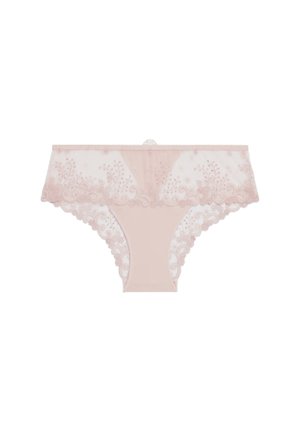 Light pink lace women's underwear with floral embroidery and scalloped edges, designed in a hipster cut style.