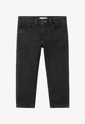 Jeans in denim nero con taglio a gamba dritta, cinque tasche e chiusura frontale con bottoni. Il tessuto è liscio con una leggera sfumatura. Nessun motivo visibile.