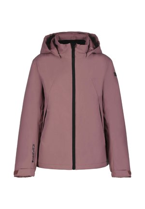 Mauvefarbene Kapuzenjacke mit schwarzem Frontreißverschluss und seitlichen Reißverschlusstaschen, langen Ärmeln und kleinem Logo am linken Ärmel und an der Schulter.