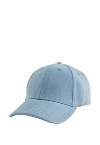 Hele sinises värvi pesapalli müts, mis on valmistatud tekstuurses kangas, millel on kaardus ääre, kuue paneeli disain ja äärel õmmeldud detailid.