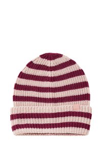 Berretto lavorato a maglia con strisce alternate bordeaux e rosa chiaro, dotato di risvolto, motivo testurizzato e piccola etichetta con logo sul risvolto.