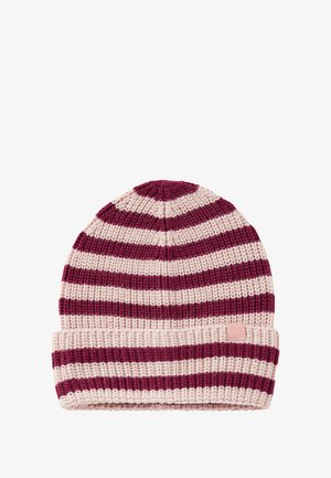 Berretto lavorato a maglia con strisce alternate bordeaux e rosa chiaro, dotato di risvolto, motivo testurizzato e piccola etichetta con logo sul risvolto.