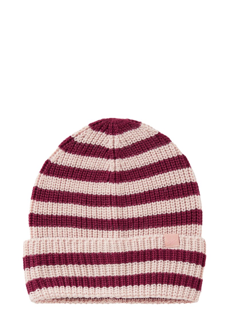 Berretto lavorato a maglia con strisce alternate bordeaux e rosa chiaro, dotato di risvolto, motivo testurizzato e piccola etichetta con logo sul risvolto.