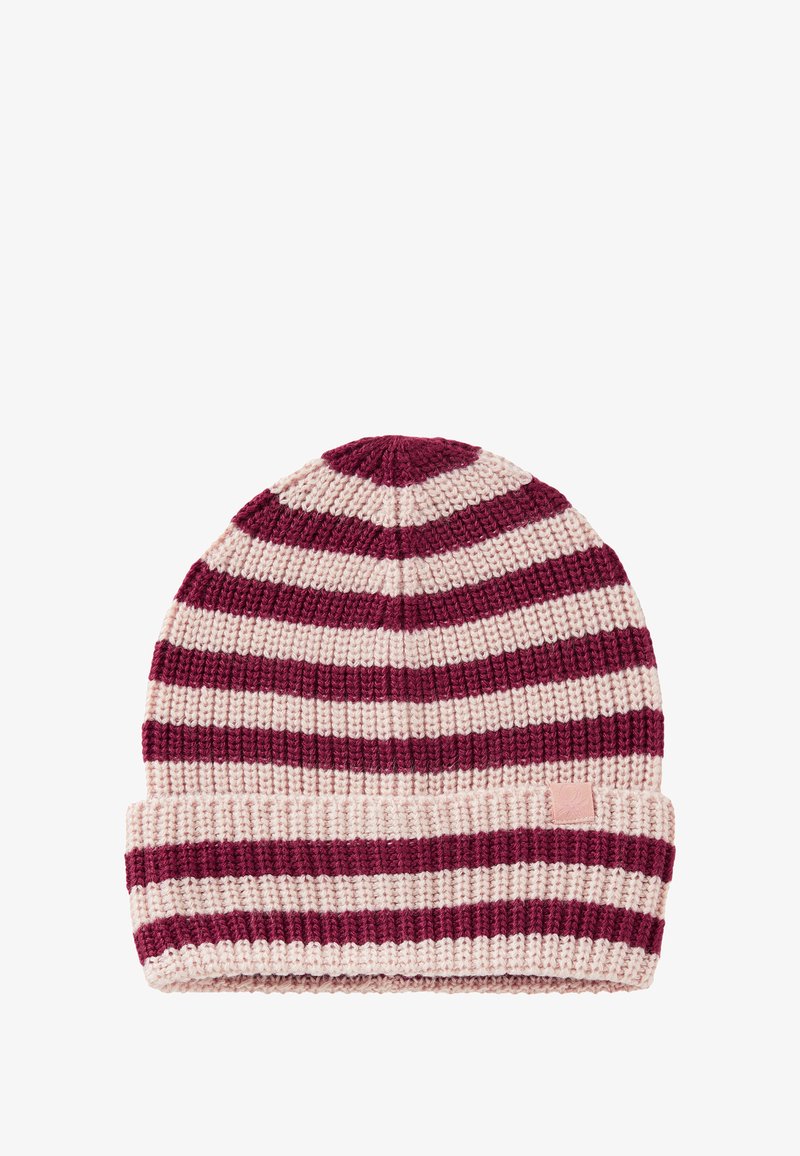 Czapka dzianinowa w bordo i jasnoróżowe naprzemienne paski, z zagiętym mankietem, teksturowanym wzorem i małą naszywką z logo na mankiecie.